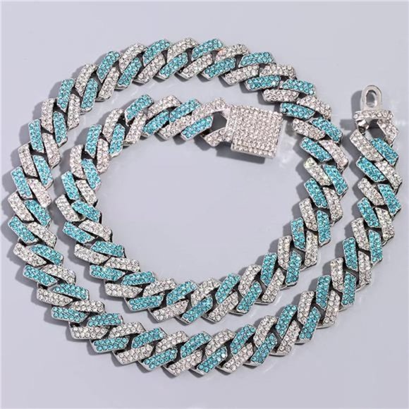 Blue/Silver Cuban Link Iced Out Chain Necklace - Picture 3 of 3